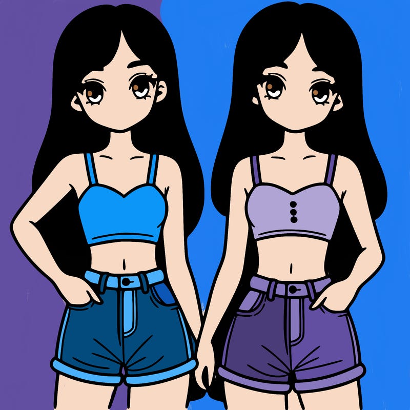 two sisters with crop tops and jean shorts and straight hair