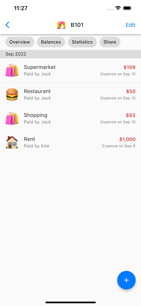 Split Bills With Friends - A list of shared group expenses for rent, supermarket, and dining in the Split Bills app.