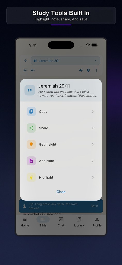 WWJD: Bible Study Companion - Interfaz de la aplicación WWJD que muestra herramientas de estudio como resúmenes e información de IA para un versículo bíblico.