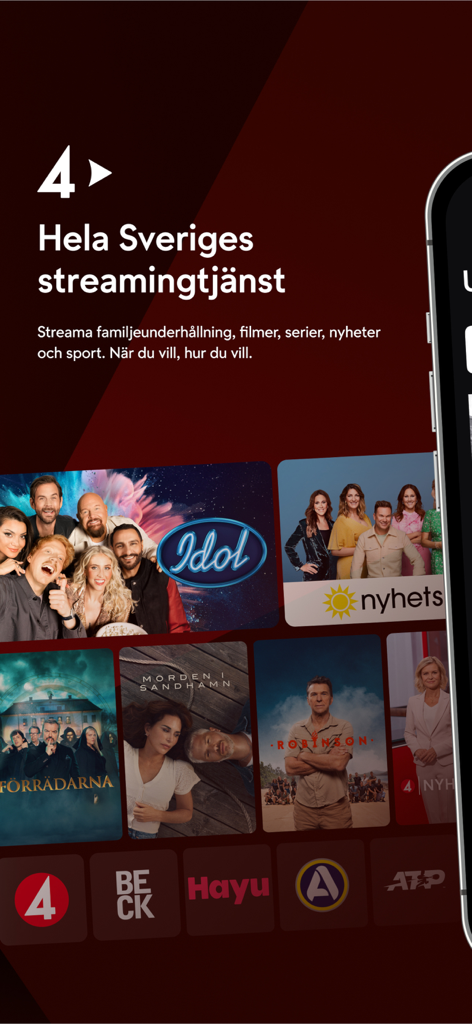 TV4 Play - L'interface de l'application TV4 Play présentant des films, des actualités et du sport de divertissement suédois