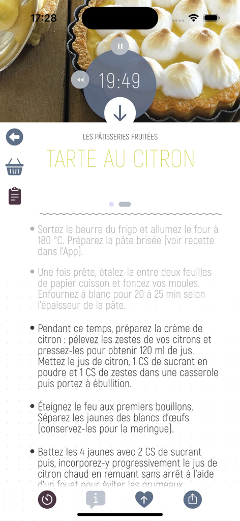 Flexi Food - Instrucciones de la receta de tarta de limón y temporizador en la interfaz de la aplicación Flexi Food