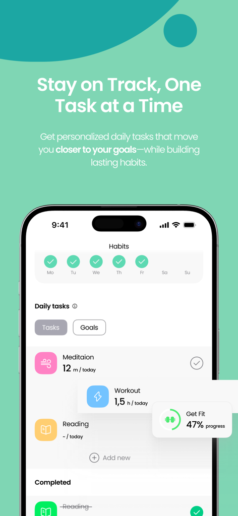 New Me: AI for Self-Awareness - Interface of New Me app showing daily habits and tasks for personal growth tracking.