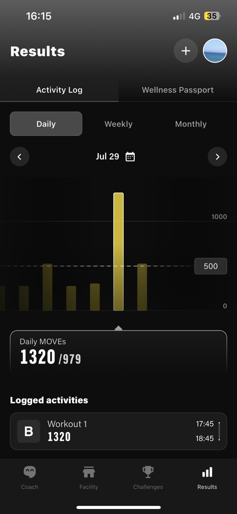 Bannatyne Health Club app activity log screen showing daily workout results and MOVEs tracking