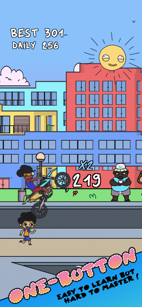Um personagem empinando uma bicicleta no jogo móvel Summer Wheelie