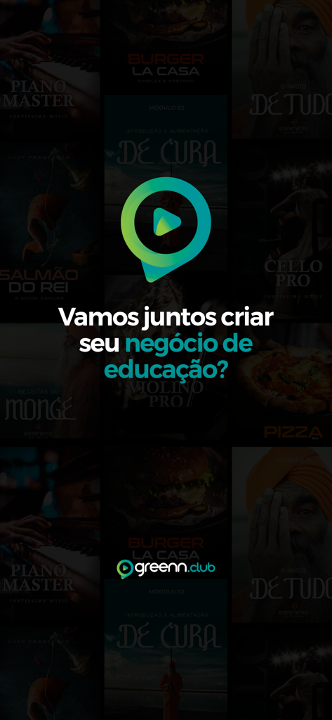 Greenn Club app interface with various online course thumbnails and a message about starting an education business.