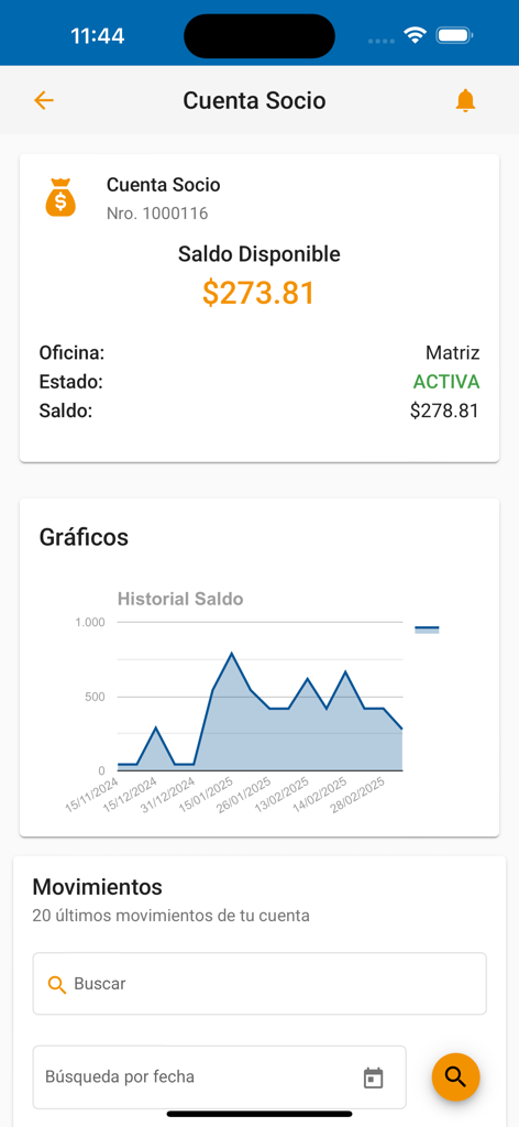 EcuaMovil app screen displaying member account balance status and a balance history line graph