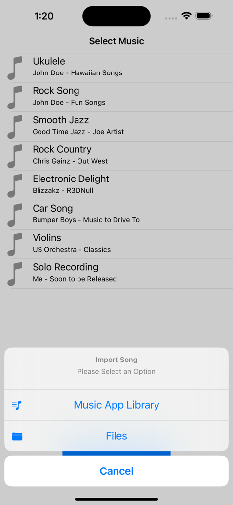 Super Slow Downer - Music selection screen in Super Slow Downer with options to import songs from library or files
