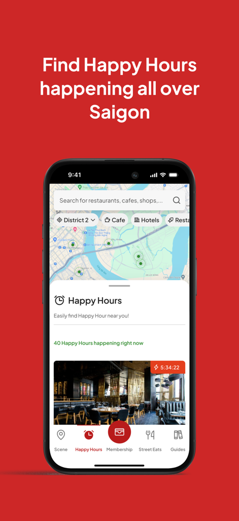 Saigon Scene - Saigon Scene app interface showing a map and real-time happy hour listings in Ho Chi Minh City