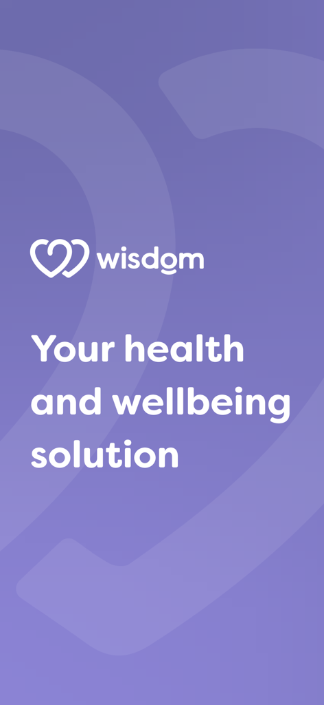 Wisdom: Learn, Grow, Thrive - Pantalla de inicio de la aplicación Wisdom con el logo y el eslogan Tu solución de salud y bienestar sobre un fondo morado.