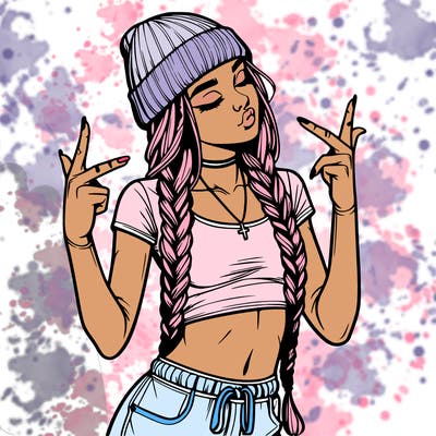 realistic teenage girl with braids and a beanie and crop top doing 🫶🏼