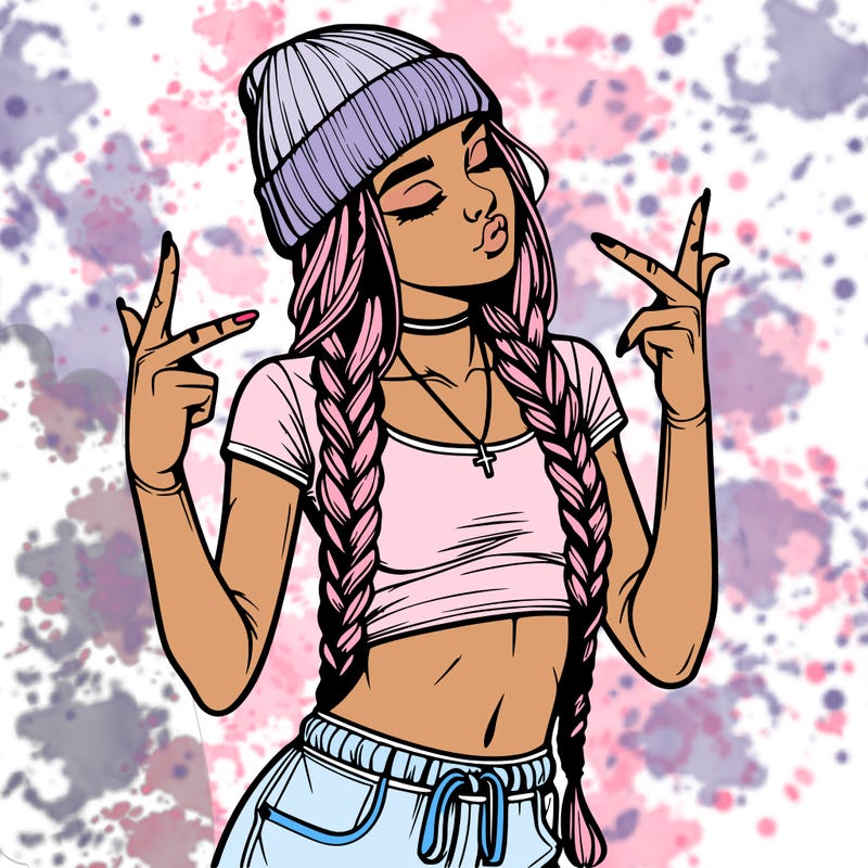 realistic teenage girl with braids and a beanie and crop top doing 🫶🏼