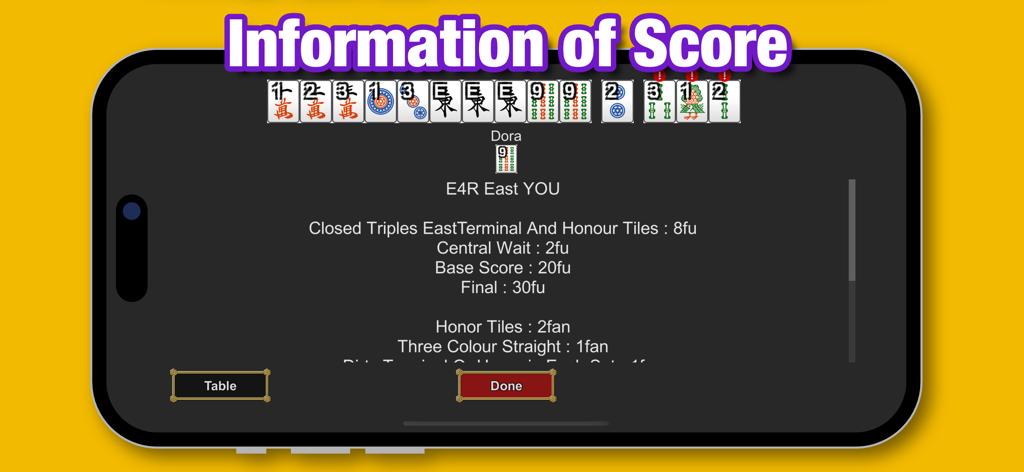 Mahjong Demon - A detailed score breakdown screen in the Mahjong Demon app showing points for various hand combinations