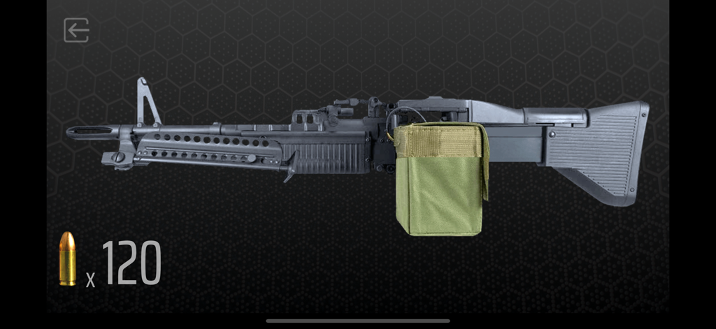 A heavy machine gun with an ammo pouch and bullet counter in the Gun Simulator app interface.