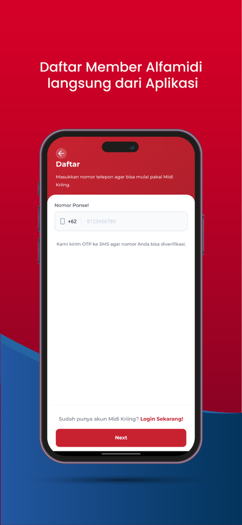 Midi Kriing mobile app registration screen for Alfamidi membership sign up