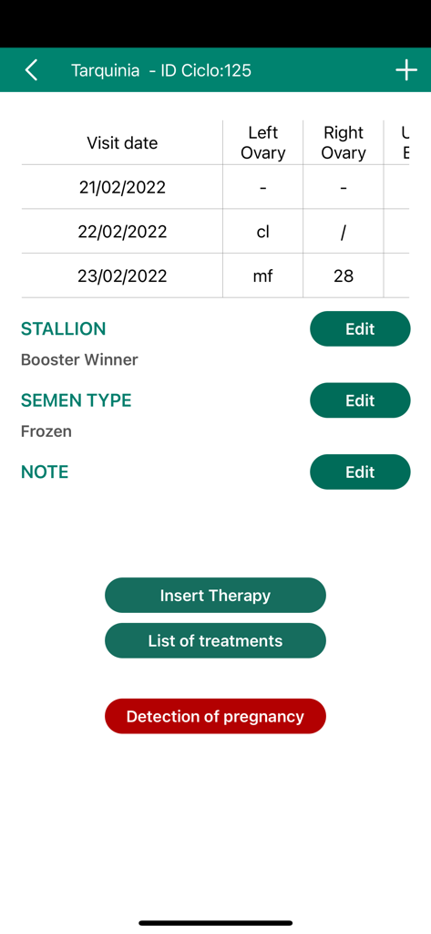 EquiBreedVet - EquiBreedVet app interface showing a mare's estrous cycle chart with clinical data and stallion details