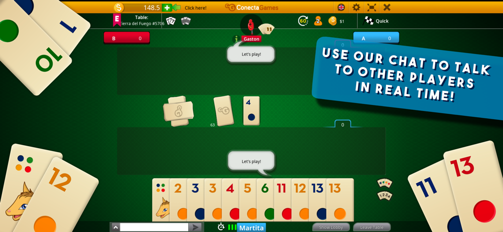 Burako - In-game screenshot of Burako showing the tile layout and real-time chat feature.