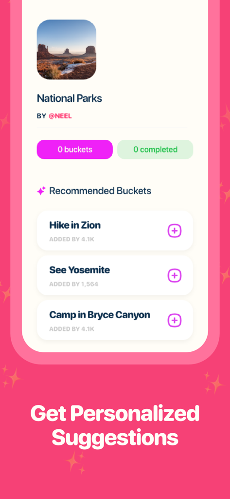 Bucket List - The Bucket App - Interface of the Bucket List app showing recommended goals for a National Parks list