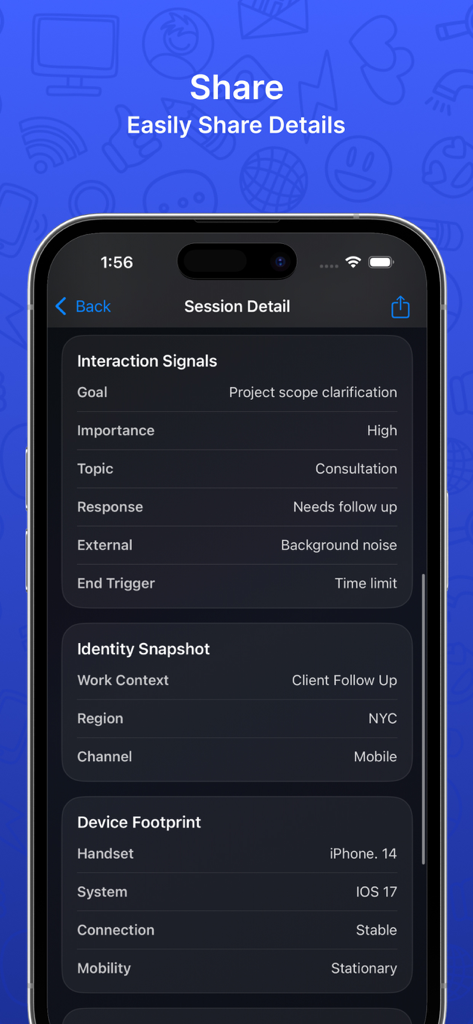 CaIl App lD Sessions - A professional dark-themed screen displaying call session details including interaction signals identity snapshots and device footprint for a professional business user