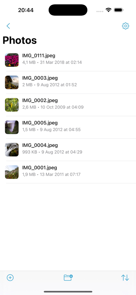 Interface of Filza File Manager Pro displaying a list of images with file sizes and dates