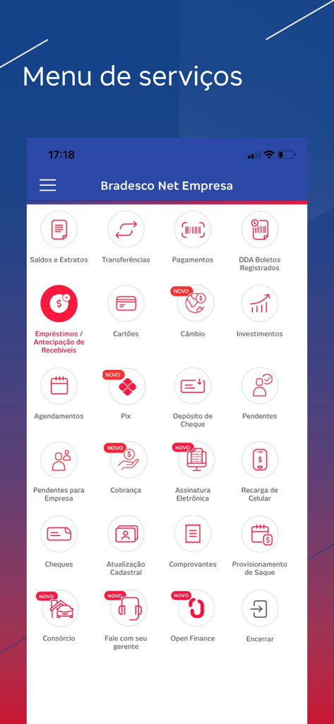 Uma captura de tela do aplicativo móvel Bradesco Net Empresa mostrando o menu principal de serviços com ícones para tarefas bancárias como transferências, pagamentos e Pix.