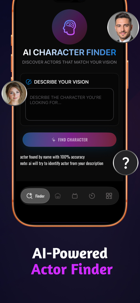 Interfaz de la aplicación Seekee TV que muestra la función de búsqueda de personajes con IA donde los usuarios pueden describir un personaje para identificar a un actor