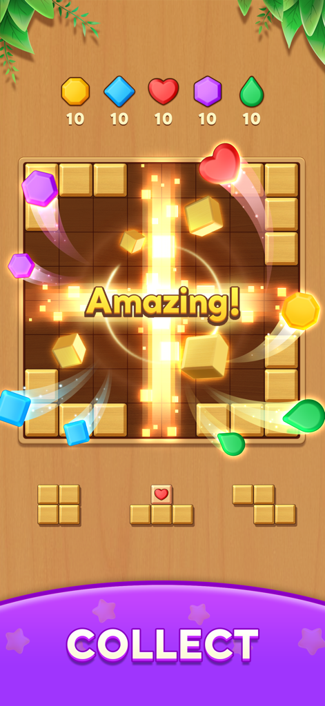 Gameplay of Block Crush showing wooden blocks on a grid with colorful gem collection and an Amazing message