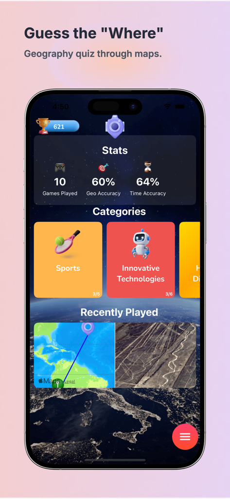 World History Quiz: WhenWhere - Smartphone-Bildschirm, der Benutzerstatistiken und Kategorien für die Weltgeschichts-Quiz-App WhenWhere zeigt