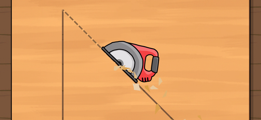 Una sierra circular de dibujos animados cortando una tabla de madera a lo largo de una línea punteada en un juego educativo para niños