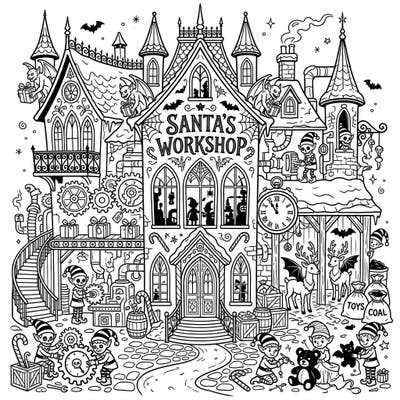 Step into a world where Christmas meets the macabre with this unique Gothic Santa's Workshop coloring page. Discover intricate Victorian details, mysterious elves, and bat-winged reindeer ready for your creative touch.