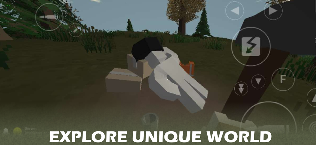 Erythros Lite - A screenshot of Erythros Lite showing a low-poly survival environment with on-screen mobile controls and the text Explore Unique World.