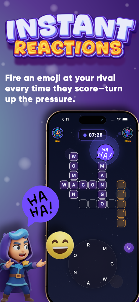 Multiplayer word puzzle gameplay showing instant emoji reactions and a crossword grid