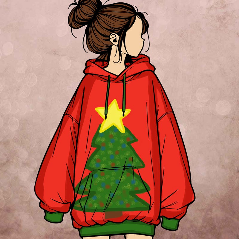 realistic girl with a oversized sweatshirt on and a bun