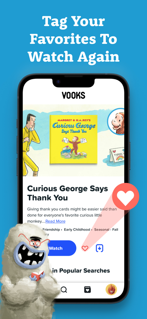The Vooks app interface showing a Curious George book page with a heart icon to save it as a favorite.