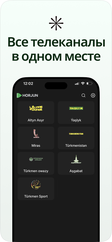 Horjun - Horjun app interface showing a list of Turkmen TV channels including Altyn Asyr and Turkmenistan