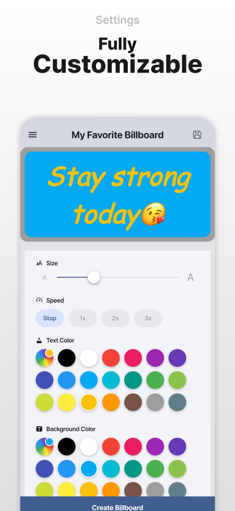 Fave LED: Banner & Scroller - Eine mobile App-Oberfläche für Fave LED, die Einstellungen für Textgröße, Bildlaufgeschwindigkeit und Farbpaletten für ein digitales Banner zeigt.