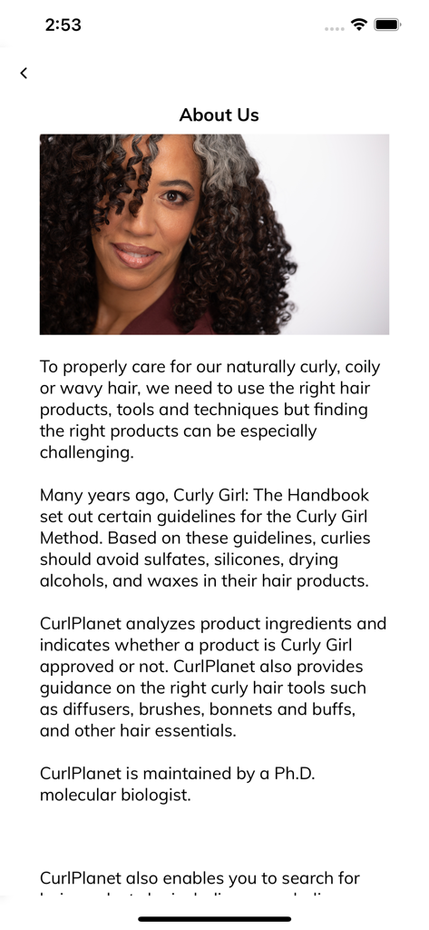 Curl Planet - Tela Sobre Nós para o aplicativo Curl Planet detalhando dicas de cuidados com os cabelos e declaração de missão