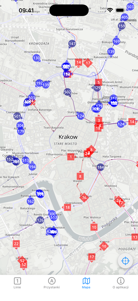 Real-time map view of the Odjazdowy Krakow app showing live locations of buses and trams in Krakow.
