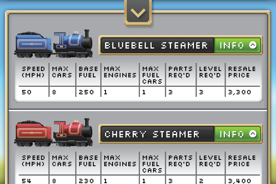 Technical stats for Bluebell and Cherry Steamer engines in the Pocket Trains guide.