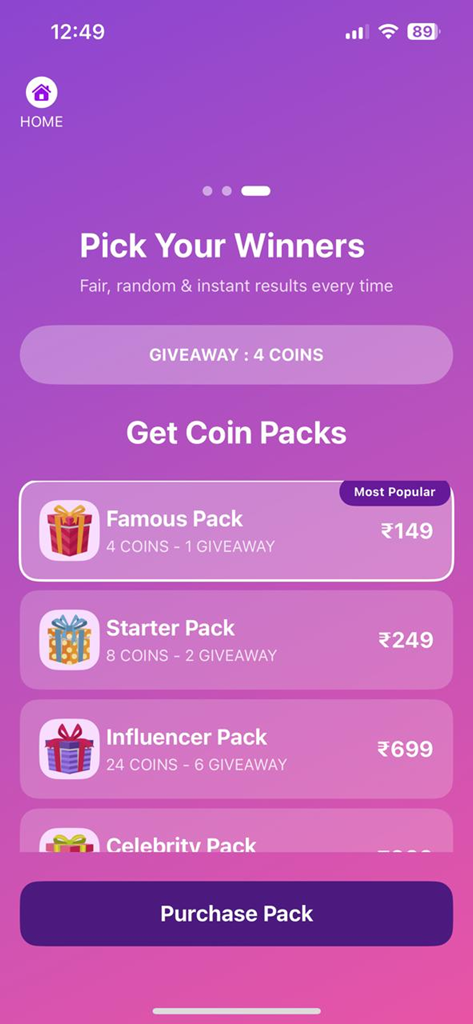 Epick - Comment Picker - Écran d'achat des packs de pièces utilisés pour sélectionner les gagnants de concours dans l'application Epick
