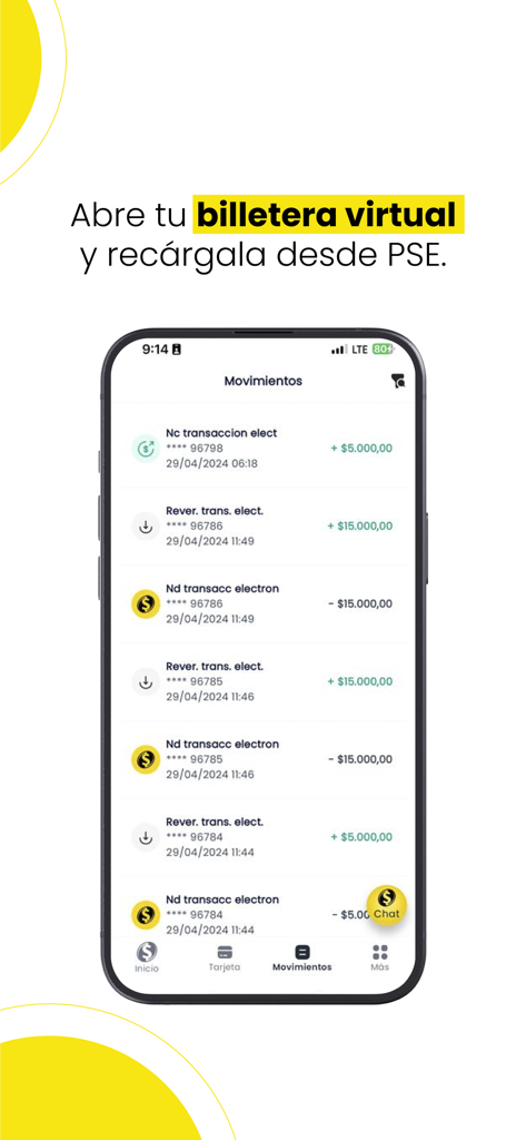 Schermata dell'app mobile Efecty che mostra la cronologia delle transazioni e i movimenti del portafoglio virtuale