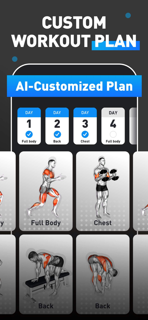 MuscleMaxme app interface showing an AI customized workout plan with a daily schedule and exercise muscle maps