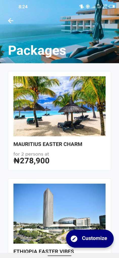 Travelbeta - Travelbeta mobile app screen displaying vacation package deals for Mauritius and Ethiopia