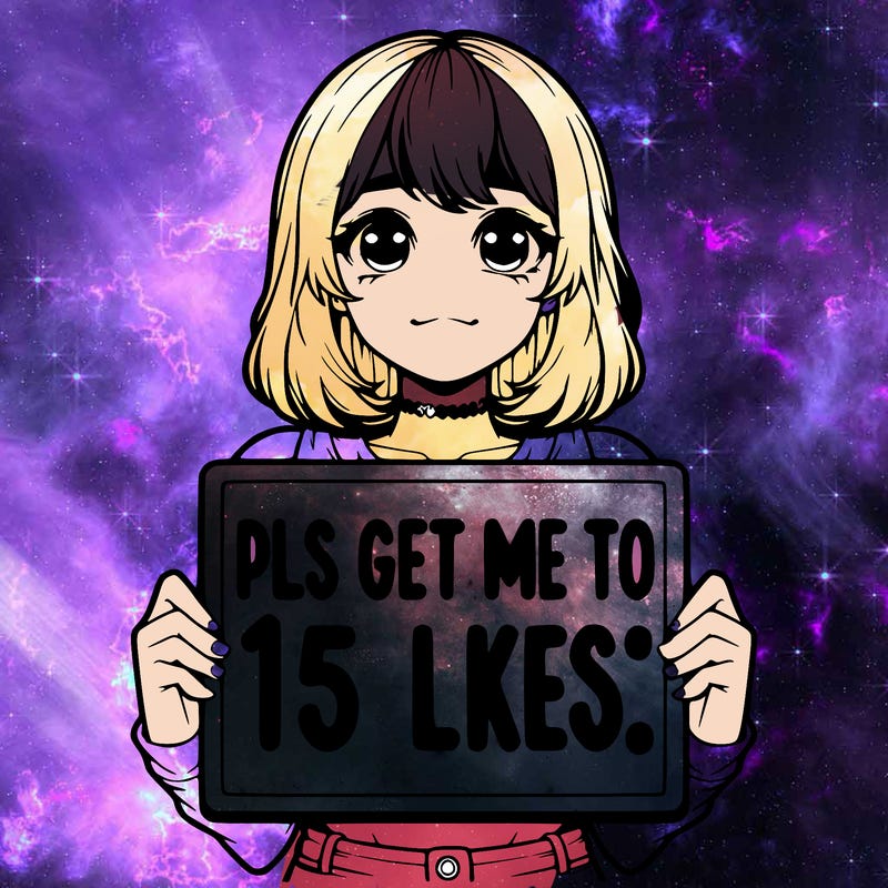 realistic girl holding up a sign that says “pls get me to 15 likes!”