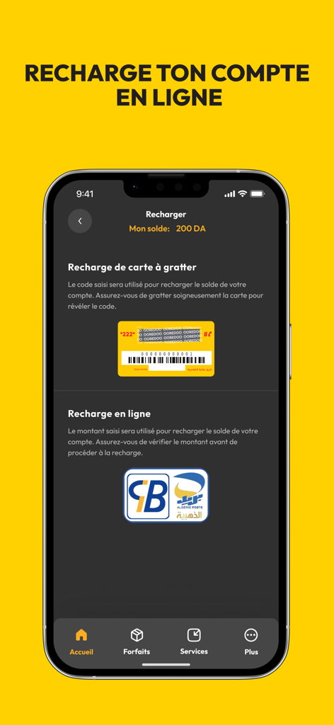 My Ooredoo Algeria mobile app screen showing options to top up account credit online using CIB or Edahabia cards.