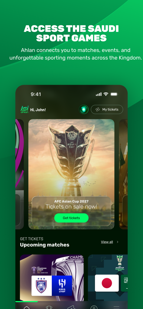 Ahlan | أهلاً - Interface de l'application Ahlan affichant la vente de billets pour la Coupe d'Asie de l'AFC 2027 et les matchs de sport à venir en Arabie Saoudite