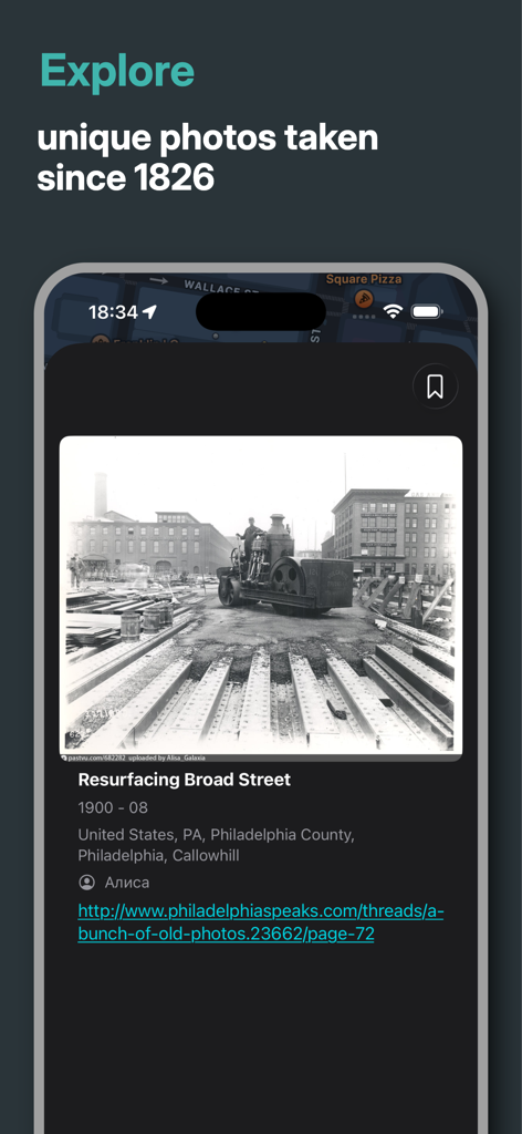 PastVu map - PastVu map app displaying a 1900 historical photo of Broad Street in Philadelphia