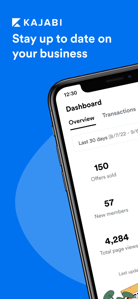 Kajabi Creator - Dashboard dell'app Kajabi Creator sull'iPhone con metriche di panoramica aziendale tra cui offerte vendute, nuovi membri e visualizzazioni totali di pagina