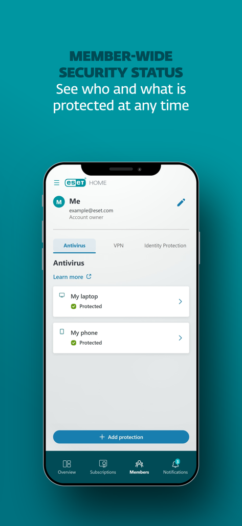 ESET HOME - App móvil ESET HOME que muestra el estado de protección antivirus para múltiples dispositivos