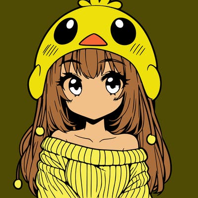 anime girl with chick shaped hat with sweater with bare shoulders with bangs covering them one eye with low tail