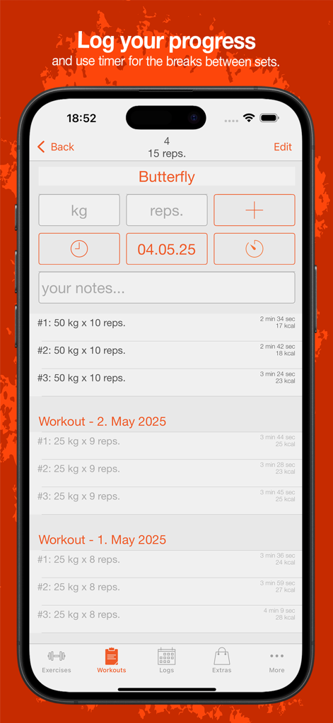 Interfaz de la app Fitness Point mostrando un registro de entrenamiento para ejercicios de mariposa con seguimiento de peso y repeticiones